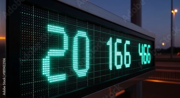 Fototapeta Digital Display Showing Numerical Data Illuminated In Green At Dusk With A Roadway In The Background
