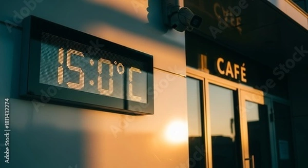Fototapeta Digital Display Showing Temperature Outside a Cafe Building During Golden Hour