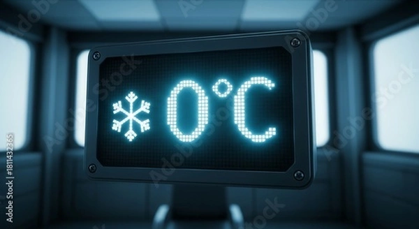 Fototapeta Digital Display Showing Zero Degrees Celsius With Snowflake Sign In Room Interior