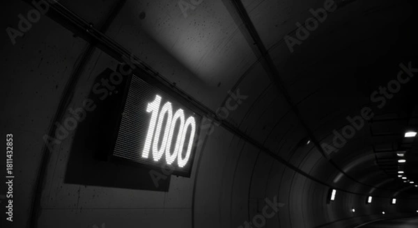 Fototapeta Digitally Illuminated Signage Displaying The Numerical Value Of 1000 In A Dark Tunnel