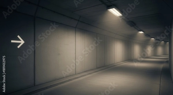 Fototapeta Dim Tunnel With Directional Arrow Suggests Undiscovered Path And Future Destinations