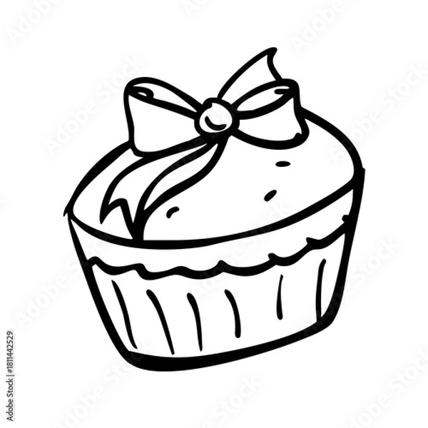 Fototapeta Hand drawn doodle of a cupcake with a bow isolated on