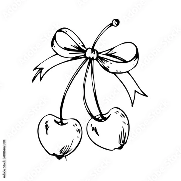 Fototapeta Two cherries tied with a bow isolated on in line art style