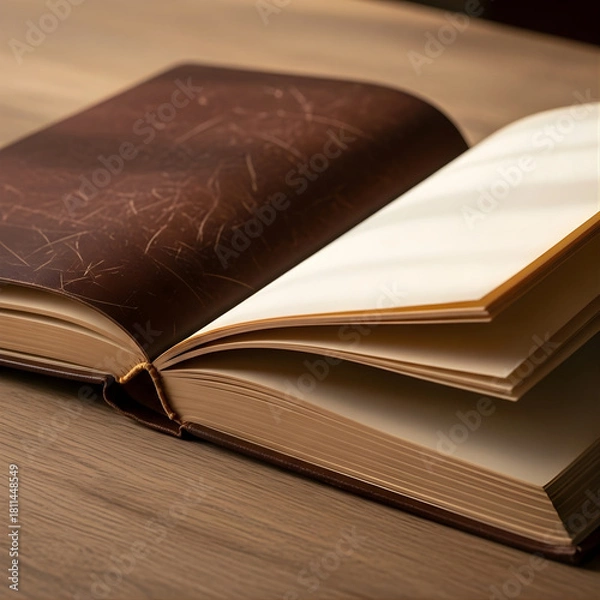 Obraz Vintage open old book with blank pages on a rustic wooden table for literature and knowledge study