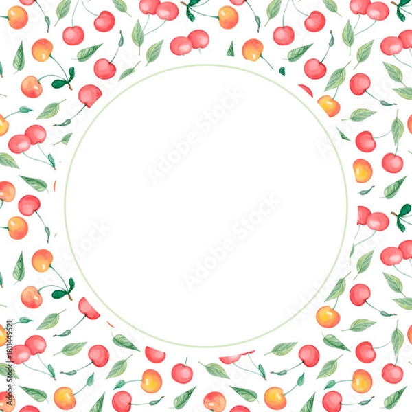 Fototapeta Watercolor round berry frame with red and yellow cherries and green leaves on white background. Botanical fruit illustration border for jam labels, packaging, invitations, cards and summer design.