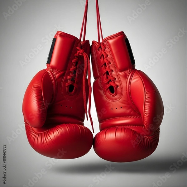 Obraz Red boxing gloves isolated next to a shiny pair of men's brown leather fashion shoes