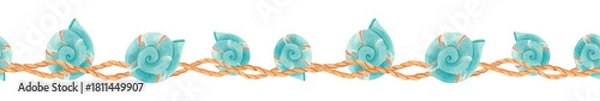 Fototapeta Watercolor nautical seamless border with blue spiral seashells and twisted ropes isolated on white. Summer marine repeatable design in boho vintage style for textile prints, invitations and packaging.