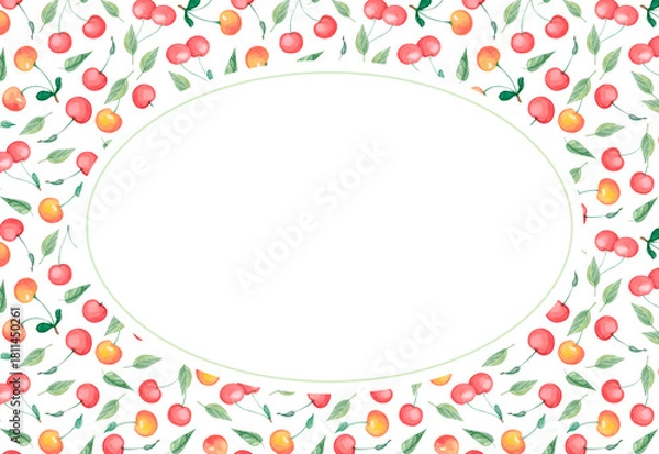 Fototapeta Watercolor oval berry frame with red and yellow cherries and green leaves on white background. Botanical fruit illustration border for jam labels, packaging, invitations, cards and summer designs.