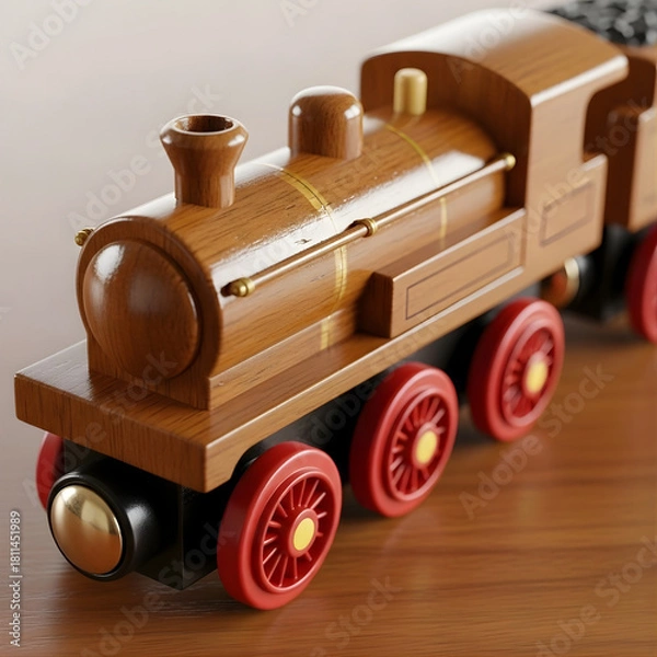 Fototapeta Vintage wooden toy train vehicle model isolated on white background