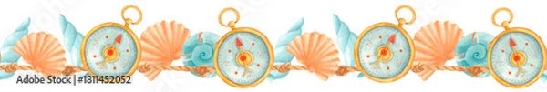 Fototapeta Watercolor nautical seamless border with vintage compasses, seashells, spiral shells, starfish and twisted rope isolated on white. Summer marine design for textile prints, invitations and packaging.