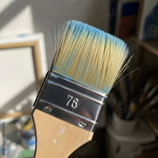 Obraz Close up of an isolated artist's paintbrush with wood handle and bristles for color painting
