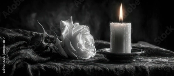 Fototapeta Black and white still life with a white rose and lit candle