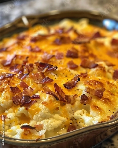 Fototapeta Delicious Cheesy Cauliflower Casserole with Crispy Bacon Topping