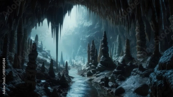 Obraz Dark cave with stalactites and winding path