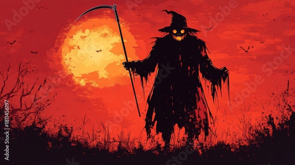 Obraz Spooky Halloween Silhouette: Dark Figure with a Deadly Scythe