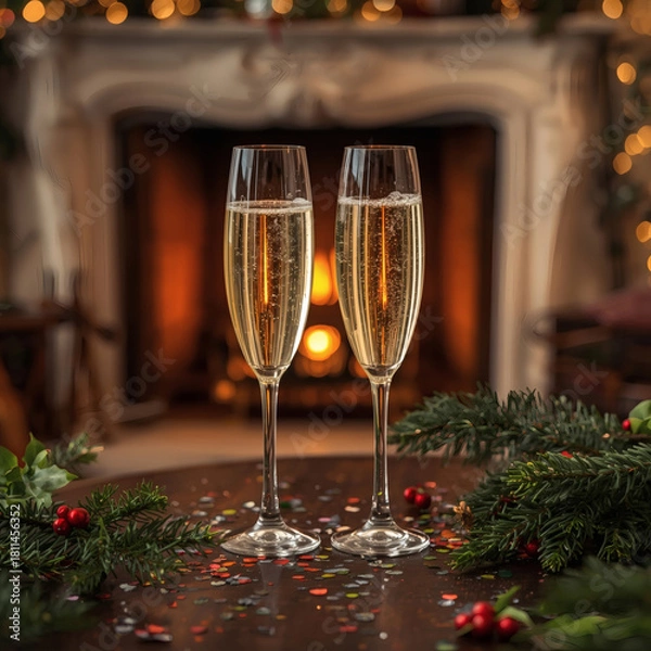Fototapeta Two Identical Flutes Containing Bubbly Sparkling Wine, Positioned in Front of a Lit Fireplace, Accompanied by Green Christmas Branches and Small Confetti.