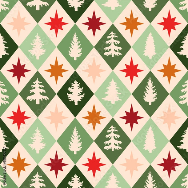 Fototapeta Argyle plaid Christmas fir tree stars grid diamond rhomb seamless pattern Fabric wrapping wallpaper