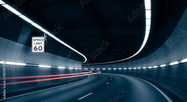 Fototapeta Dramatic View Inside a Road Tunnel With Speed Limit Sign and Light Trails Inside