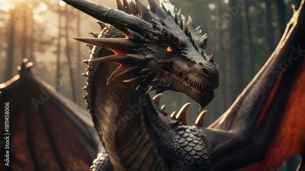 Obraz Dragon head in forest sunlight