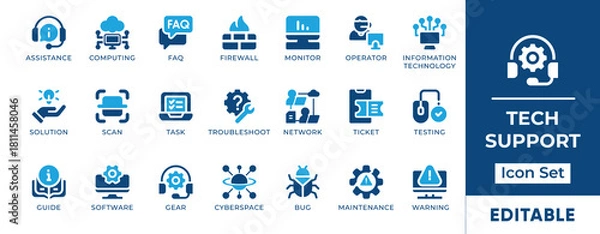 Obraz Tech Support Icon Set. Include icons for troubleshooting, computing, faq, operator, resolve, scan, task, testing, guide, maintenance, warning, manual, illustration, set