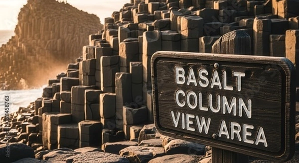 Fototapeta Dramatic View Of Basalt Columns Formation With Sign Illustrating The Location