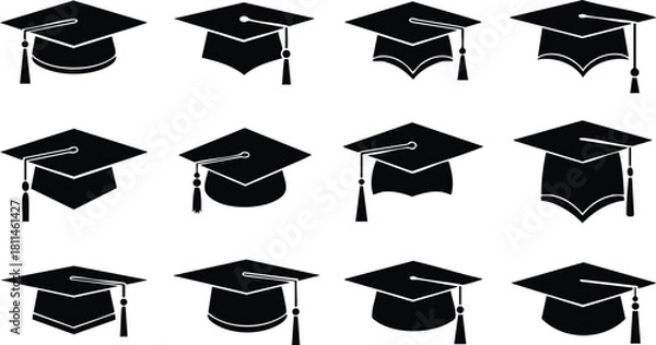 Fototapeta Graduation cap icons set with various styles and tassel positions for education and academic achievement design