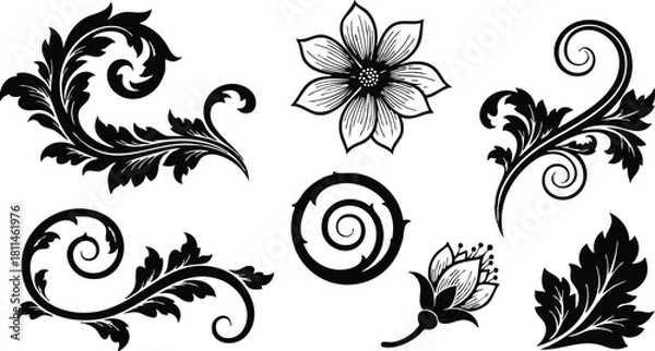 Fototapeta Vintage floral ornaments and decorative black swirls vector set with leaves and flower patterns for design projects