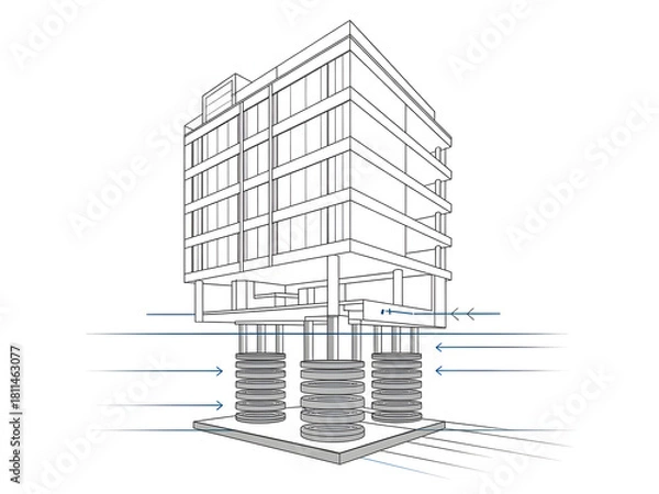 Obraz Stylized Technical Diagram of an Earthquake-Resistant Building with Base Isolators
