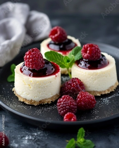Fototapeta Mini cheesecakes topped with raspberry sauce and fresh berries on a dark plate