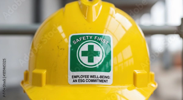 Obraz Yellow hard hat with safety first sticker for employee well being an esg commitment. serious financial and business responsibility showing corporate governance and worker safety