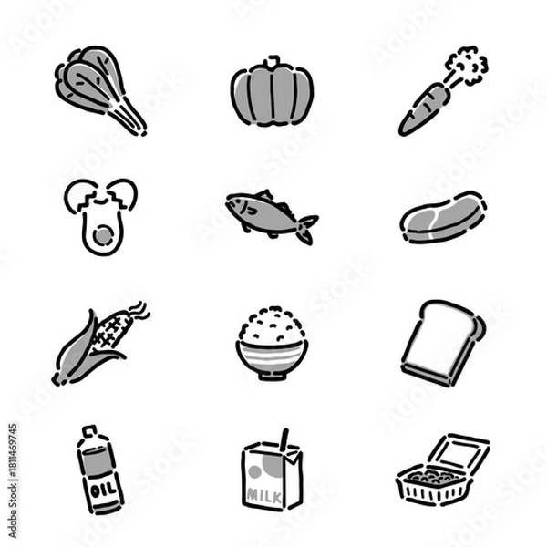 Obraz シンプルな食べ物のイラストセット（モノクロ）