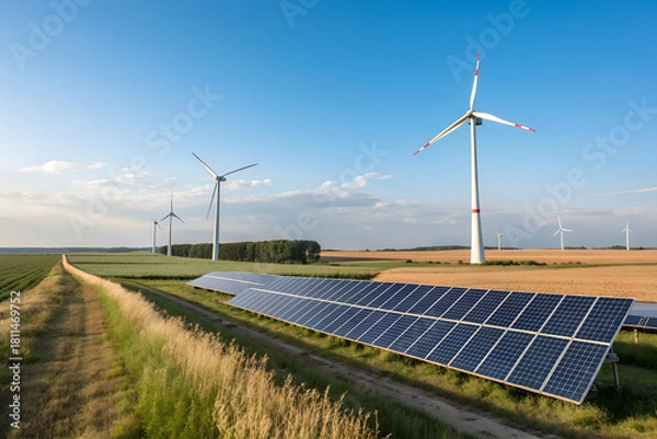 Fototapeta Large solar panel array stretching across farmland with wind turbines in the distance. Renewable energy production, environmental responsibility and sustainable countryside development.