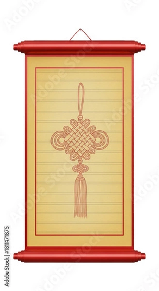 Fototapeta Red Chinese knot on traditional hanging scroll paper. cutout on transparent background.