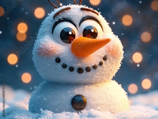 Fototapeta 3D cute snowman character with carrot nose and dot facial features against bokeh light background. Festive 3D rendering for holiday cards, social media, children's books, or winter decoration.