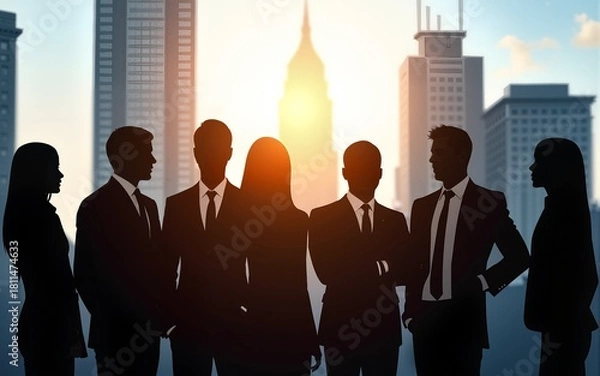 Fototapeta Silhouettes of a business team standing against a modern city skyline, with sunlight shining through the buildings. High quality