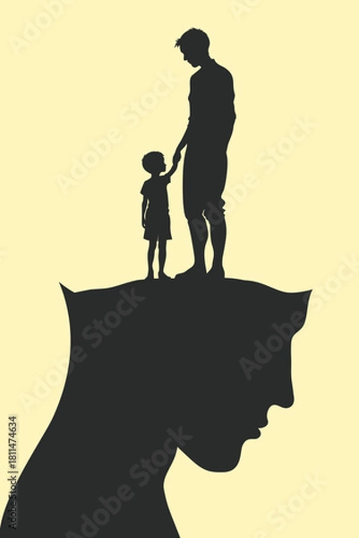 Obraz Surreal silhouette illustration showing an adult guiding a child standing on the top of a human head, symbolizing healing, inner child connection, emotional growth, and psychological support.