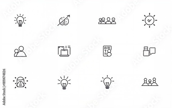 Fototapeta Creativity innovation set of web icons in line style. Creative business solutions icons for web and mobile app.Creative idea, team management, solution, brainstorming, invention. Vector illustration