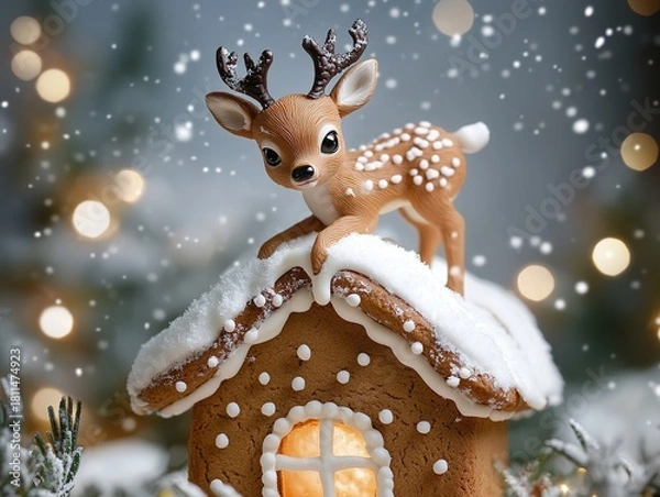 Obraz Miniature scene of adorable little deer on gingerbread house with snowy background, twinkling lights and bokeh effect. Tilt-shift style creates dreamy holiday theme composition, perfect for Christmas 