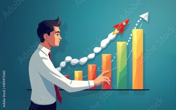 Fototapeta Startup business and investment concept. Businessman is touching the growing business graph. Planning and starting corporate business start up, Rocket icon soars with speed to hit the growth target.