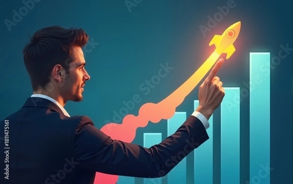Fototapeta Startup business and investment concept. Businessman is touching the growing business graph. Planning and starting corporate business start up, Rocket icon soars with speed to hit the growth target.
