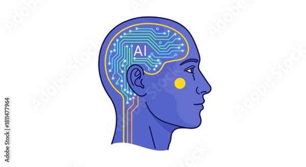 Fototapeta Futuristic human head with AI circuits symbolizing artificial intelligence and technology