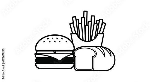Fototapeta Simple line art illustration of a burger, french fries, and bread slice