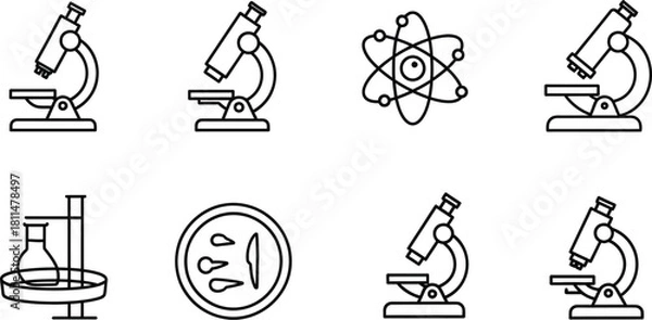 Fototapeta Collection of scientific icons featuring microscopes, atom symbol, and lab equipment