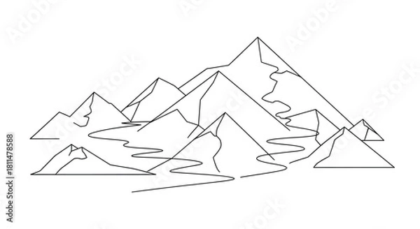Fototapeta Stylized mountain range with winding rivers under a clear sky