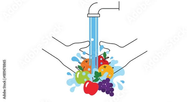 Fototapeta Hands gently washing fresh, colorful fruits and vegetables under a stream of clean water.