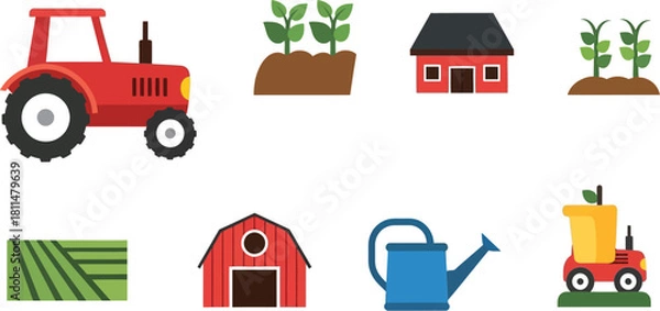 Fototapeta Charming farm elements including a tractor, barn, crops, and tools for agriculture.