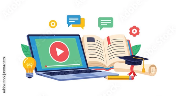 Fototapeta Digital learning concept with laptop, open book, graduation cap, and lightbulb on a white background