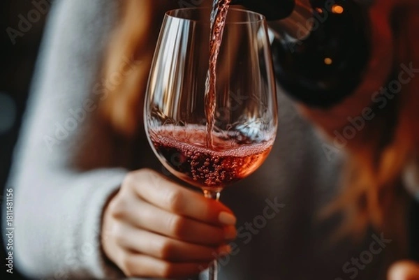 Fototapeta A person pouring wine from a glass into a bottle, with a background of a dimly lit room with a fireplace and a painting on the wall.
