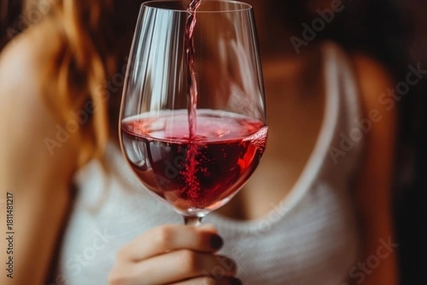 Fototapeta A woman wearing a white tank top is holding a glass of red wine in her hand. The background is a blurred image of a cityscape at night, with buildings and lights visible.