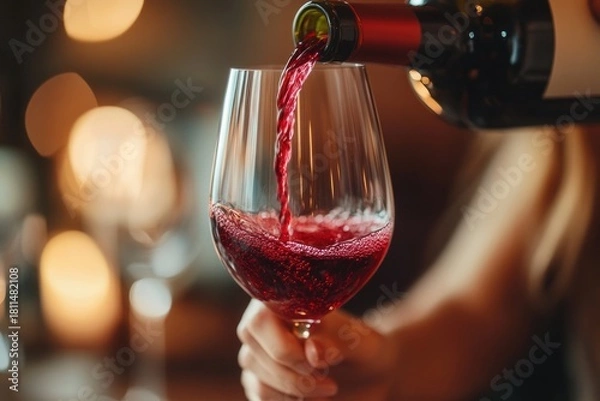 Fototapeta A person pouring red wine into a glass, with a blurred background of warm lights.